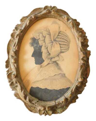 French School. 18thC style oval portrait silhouette of a lady in a bonnet with lace collars, ink...