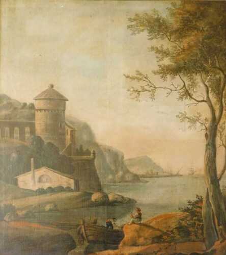 18thC Continental School. Coastal scene with fortifications and quayside with vessels, figures...