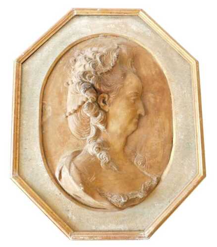 A 19thC plaster relief cameo plaque of Marie Antoinette, facing dexter, in octagonal frame, 48cm...