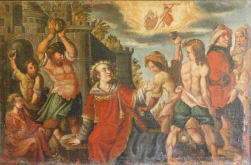 17th/18thC School. The Martyrdom of St Stephen, depicted with assailants in front of a castle,...