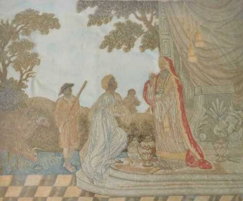 An early 19thC French needlework embroidery, depicting Moses being presented to Pharoh, wash...