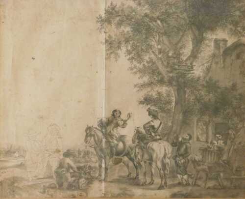 18thC French School. Horsemen and travellers taking refreshments, ink and wash, en grisaille,...
