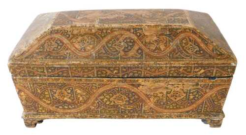 A 19thC French papier mache tea caddy, elaborately painted with scrolls, flower heads, etc., the...