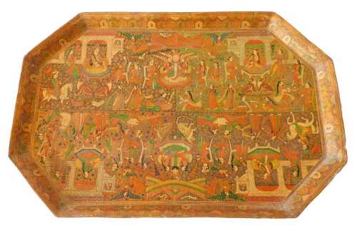 A 19thC Indian Kashmir canted rectangular tray, decorated overall with figures, tigers, leopards,...