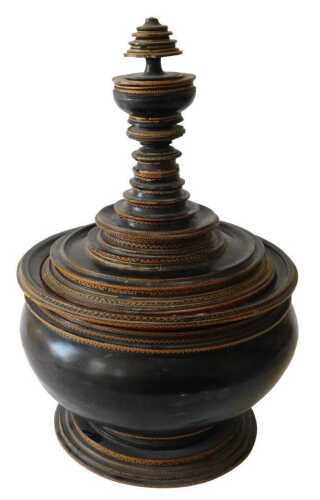 A 19thC Burmese lacquered offering vessel, decorated overall with parquetry bands, the circular...