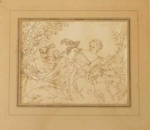After Antoine Watteau. Lovers in a landscape, pen and ink, inscribed Watteau Faiet, 12cm x...