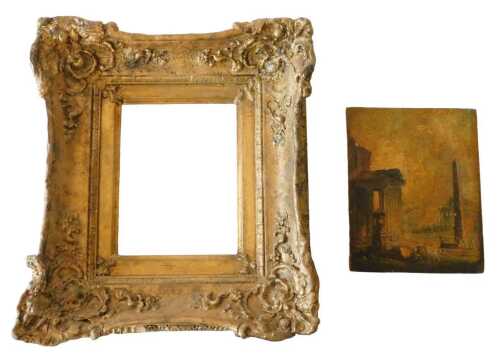 19thC French School. Town scene with classical buildings, obelisk and figures, oil on panel,...