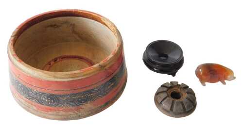 A carved agate suckling pig, 7cm wide, a Burmese painted bowl, 18cm diameter, and two Oriental...