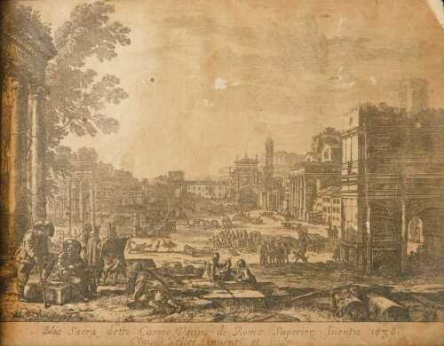 After Claude Gellee. Via Sacra detto Campo Vacino di Roma, 1636, engraving, 20cm x 25cm. Offsite...