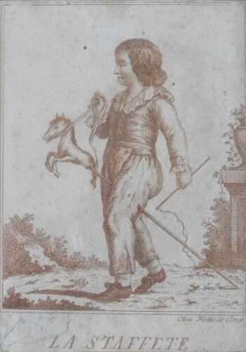 An 18thC French engraving of a child with hobby horse, entitled La Staffete, and inscribed Chez...