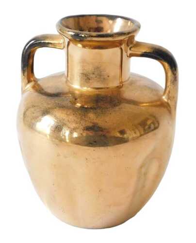 A Continental gold coloured glass Grecian style two handled vase, 16cm high. Offsite Sale -...