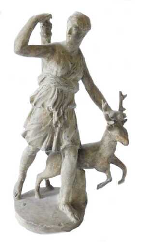 A painted plaster maquette of Diana with a stag, on a circular base, later painted in dark cream,...