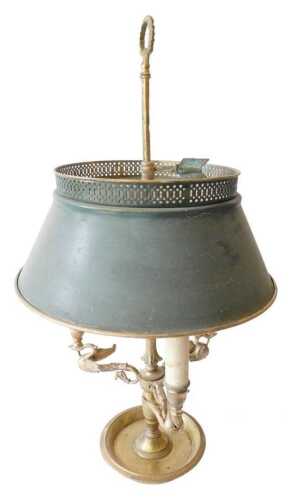 A French Empire style brass swan bouillotte lamp, with three light fittings, on a dished base,...