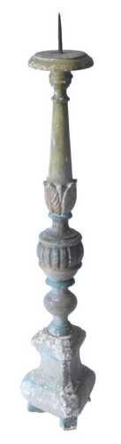 A late 18th/early 19thC Italian polychrome decorated pricket altar candlestick, with leaf and...