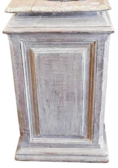 A 19thC French beech pedestal, with cream wash decoration, the square top carved with arches,...