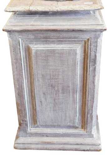 A 19thC French beech pedestal, with cream wash decoration, the square top carved with arches,...