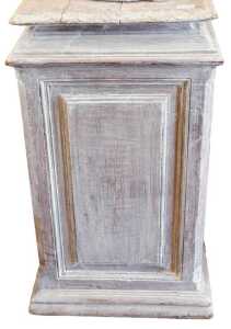 A 19thC French beech pedestal, with cream wash decoration, the square top carved with arches,...