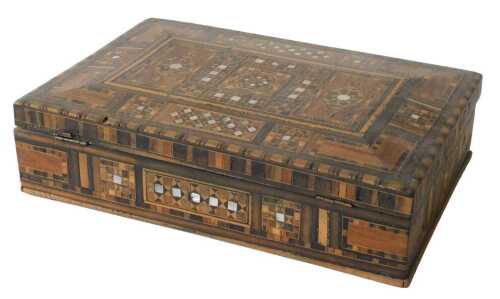 A late 19th/early 20thC Middle Eastern box, with bone, mother of pearl and parquetry inlay to...