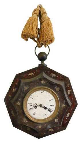 A 19thC French mahogany and mother-of-pearl inlaid octagonal comptoise clock, with a brass...