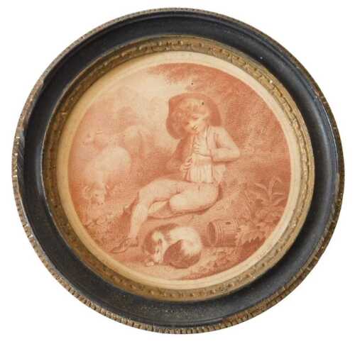 After Richard Westal. Engraved portrait of a shepherd boy, red stipple engraving, 11cm diameter....