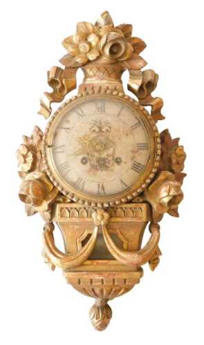 A 19thC French giltwood and gesso comptoise wall clock, the dial decorated with putti and with...