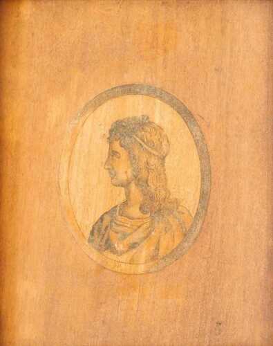 An antiquarian engraving portrait of a classical head, and painted portrait verso, 14cm x 11cm....