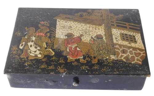 A 19thC papier mache box, with chinoiserie decoration of figures, etc., in red and cream, picked...