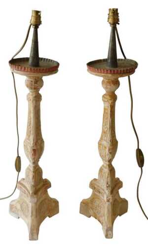 A pair of late 18th/early 19thC Italian candle stands, of triangular form, decorated with...