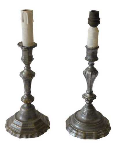 Two similar late 19th/early 20thC French silvered brass candlesticks, each with a knopped stem,...