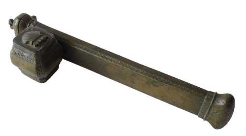 A 19thC Persian brass scribe's box, with ink well cast with a shell, 27cm long. Offsite Sale -...
