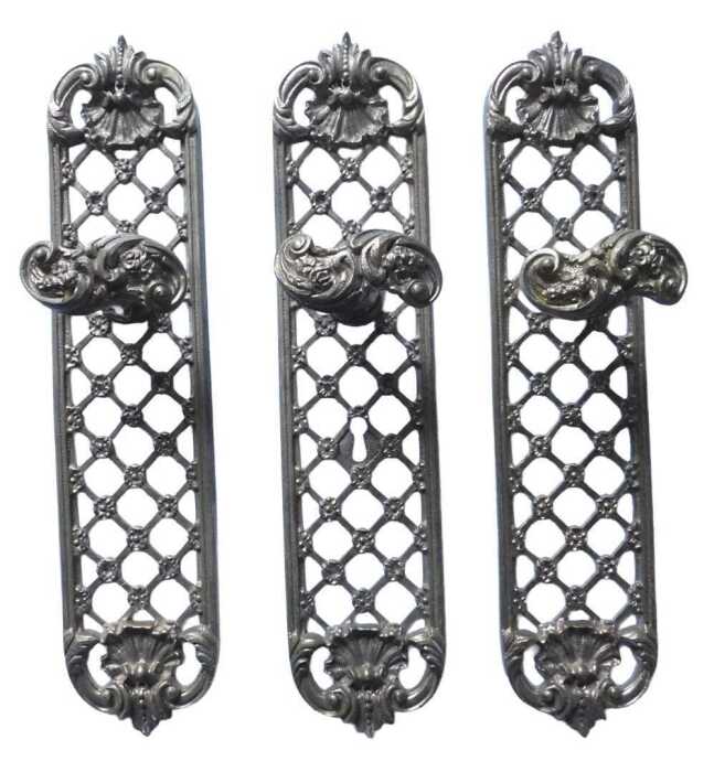 Five items of 19thC French gilt metal door furniture, (only three illustrated) each with a...