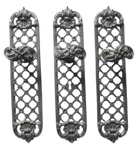Five items of 19thC French gilt metal door furniture, (only three illustrated) each with a...