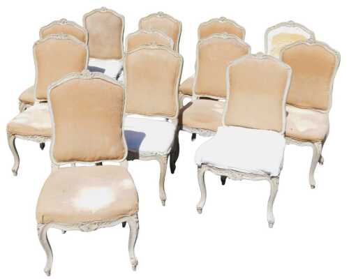 A set of six late 18th/early 19thC French dining chairs, each with a moulded frame, decorated...