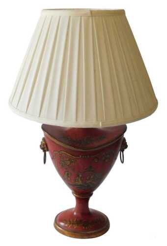 A red painted two handled toleware lamp base, of urn form, decorated with chinoiserie decoration...