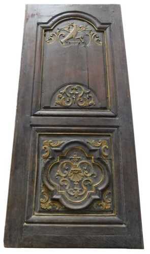 An 18thC French oak and parcel gilt panel, of rectangular form, with fielded centre, carved with...