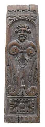 An oak panel, heavily carved with naive figure of a bearded gentleman, with a lower floral...
