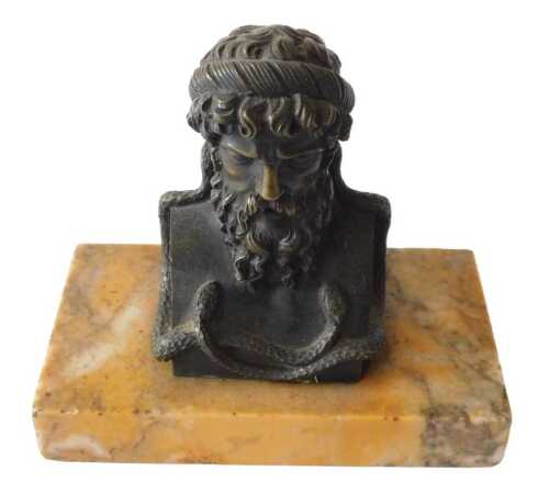 A 19thC bronze Grand Tour style bust of Zeuss, on marble base, 12cm high. Offsite Sale - Buying...