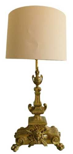 A pair of brass table lamps, formed as a lamp base from a 19thC Louis XIV style chenet, on hairy...