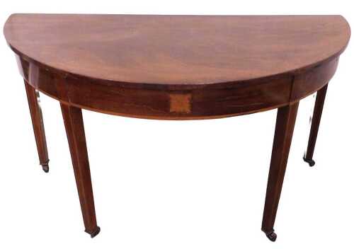 A 19thC mahogany shaped side table, with inlaid front floral inlay, on square tapering legs,...