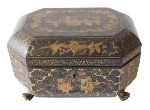 An early 19thC Chinese export lacquered box, with gilt chinoiserie decoration, the octagonal top...