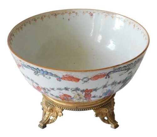 A 19thC Chinese famille verte porcelain bowl, decorated with figures and garlands, predominantly...