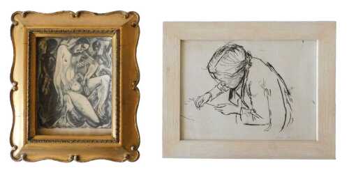 Two pictures and a frame. Johan Daly pen and ink sketch, signed, 17cm x 22cm; J Passous print,...