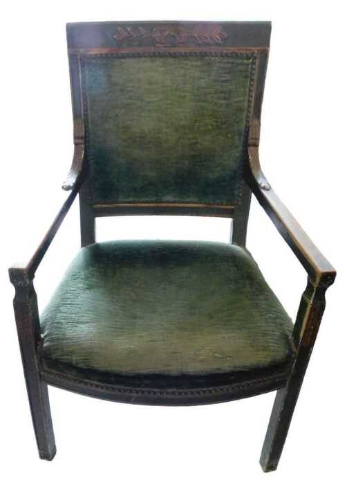 An early 19thC French green painted open armchair, painted with leaves, with a padded back and...