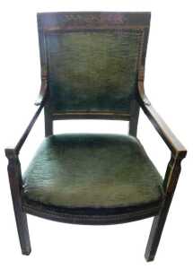 An early 19thC French green painted open armchair, painted with leaves, with a padded back and...