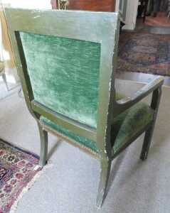 An early 19thC French green painted open armchair, painted with leaves, with a padded back and... - 2