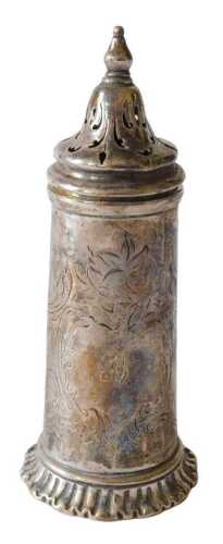 A Victorian silver pepper pot, of cylindrical form, with removable domed lid, on floral flared...