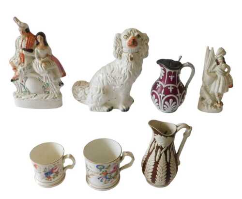 Various pottery and effects, a 19thC Staffordshire pottery mug, marked Elizabeth Isgrove 1849,...