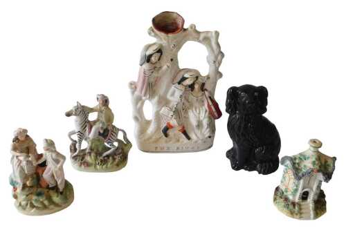 Various Staffordshire pottery and semi-porcelain figures, figure groups, etc., a 19thC figure...