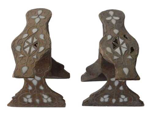 A pair of 19thC hardwood Turkish ottoman bath slippers, with mother-of-pearl inlay, 17cm high....