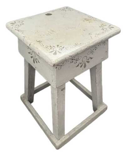 A 20thC rustic cream painted stool, with square top on tapering legs, joined by horizontal...